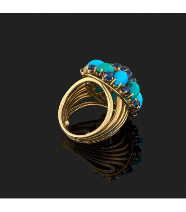 Bague or, saphirs et turquoises