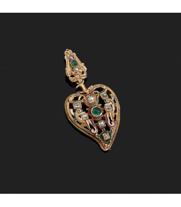 Emeralds, pearl, diamonds and gold pendant