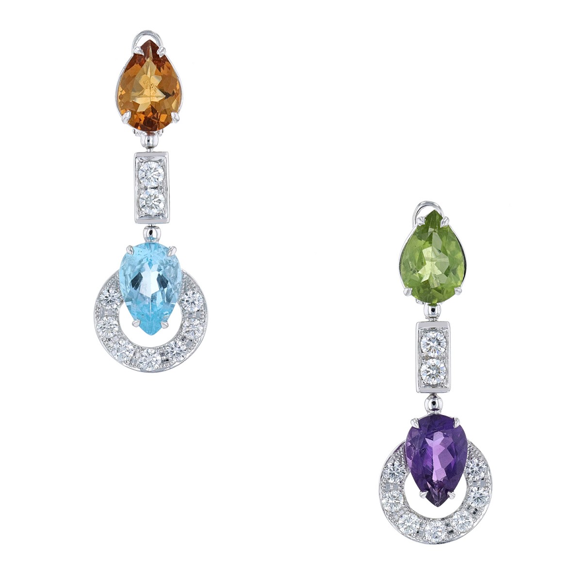 Diamonds, peridot, amethyst, citrine, blue topaz and gold earrings