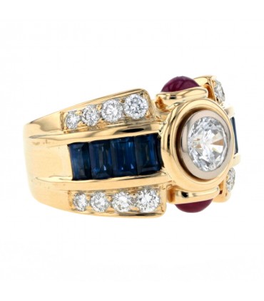 Diamonds, sapphires, rubies, white stone and gold ring