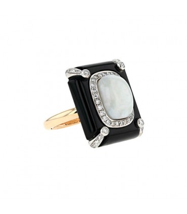 Bague or, onyx, diamants et opale