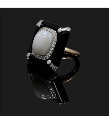 Bague or, onyx, diamants et opale