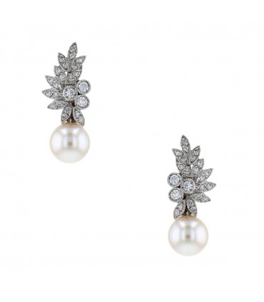 Diamonds, cultured pearl and gold earrings