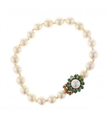 Emeralds, cultured pearls and 9k gold bracelet