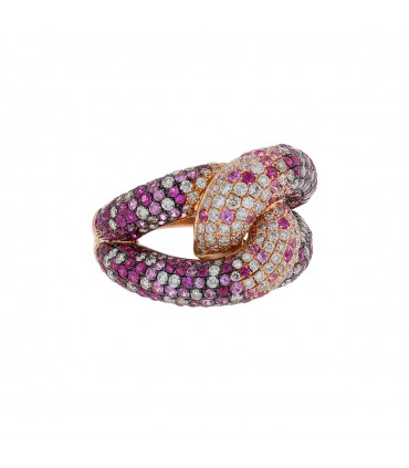 Bague or, saphirs roses et diamants