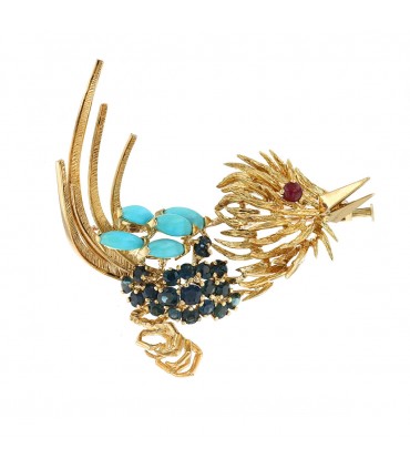 Cartier Oiseau, sapphires, ruby, turquoise and gold brooch