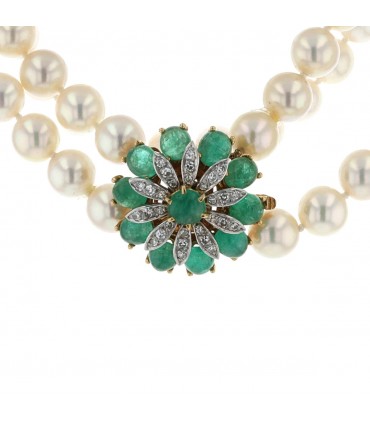 Cultured pearl, emeralds, diamonds and gold necklace