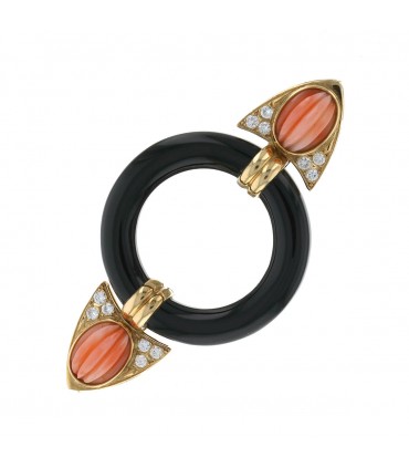 Broche or, diamants, corail et onyx