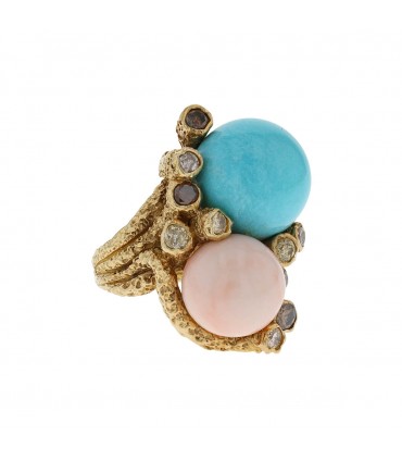 Turquoise, coral, diamonds and gold ring