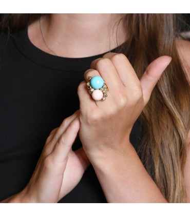 Turquoise, coral, diamonds and gold ring