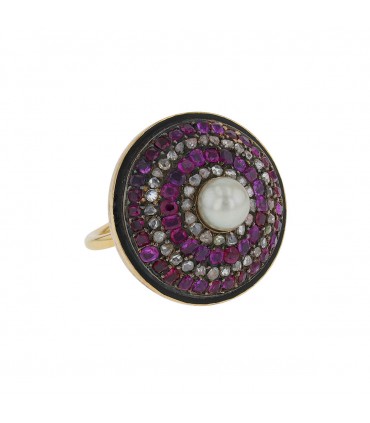 Diamonds, rubies, pearl, silver and gold ring