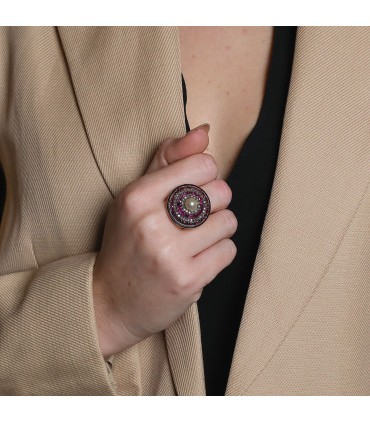 Diamonds, rubies, pearl, silver and gold ring