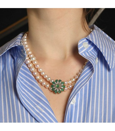 Cultured pearl, emeralds, diamonds and gold necklace