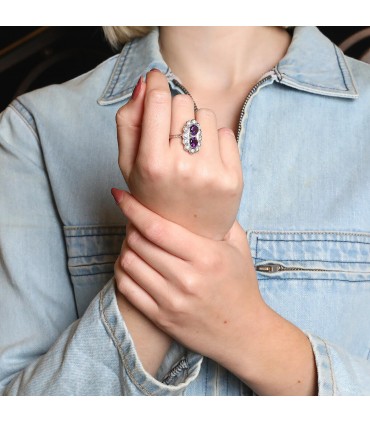 Amethysts, diamonds and gold ring