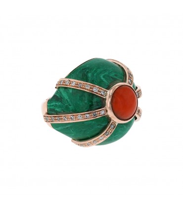 Bague or, corail, malachite d’imitation