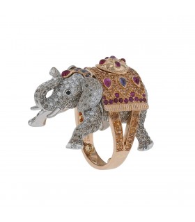 Boucheron Hathi L’Elephant diamonds, sapphires, rubies and two tones gold ring