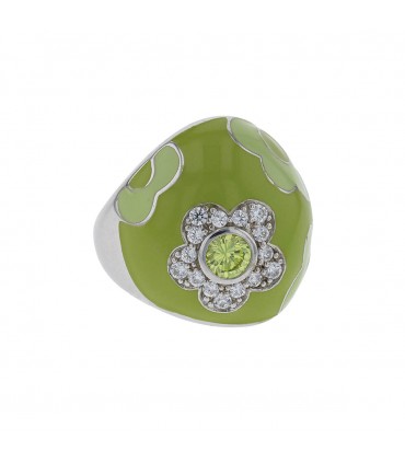 Enamel, white and green stones and silver ring