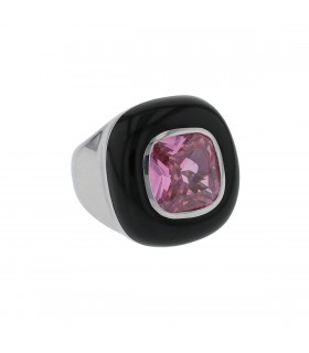 Enamel, pink stone and silver ring