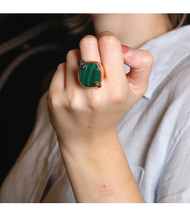 Pomellato Ritratto malachite, black diamonds and gold ring