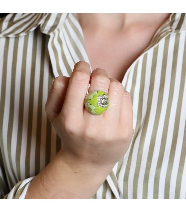 Enamel, white and green stones and silver ring