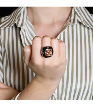 Enamel, orange stones and silver ring