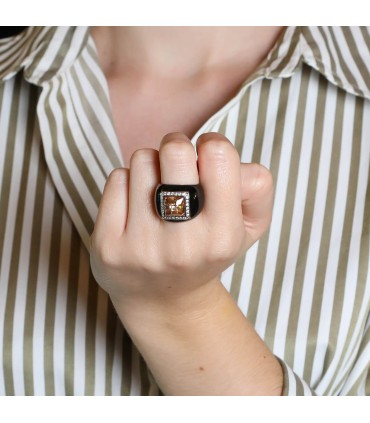 Bague argent, émail, pierre orange, pierres blanches