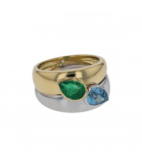 Two tones gold, emerald, and aquamarine ring