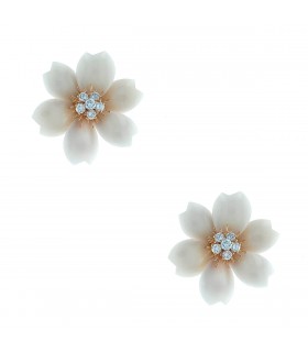 Van Cleef & Arpels Rose de Noël white coral, diamonds and gold earrings. Signed and numbered.