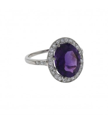 Amethyst, diamonds and platinum ring