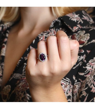 Amethyst, diamonds and platinum ring