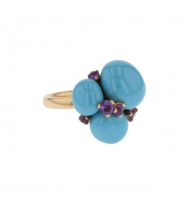 Pomellato Capri blue ceramic, amethysts and gold ring