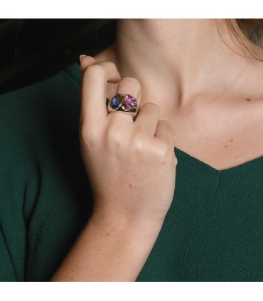 Poiray blue and pink sapphires and gold ring