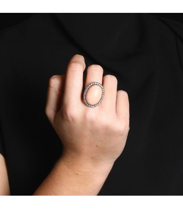 Coral, diamonds, gold and silver ring