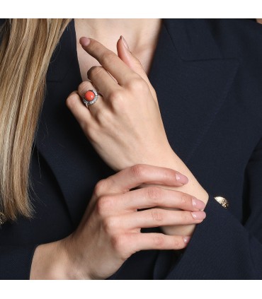 Diamonds, coral and platinum ring