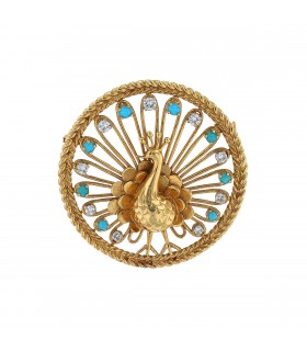 Gold, diamonds and turquoises brooch