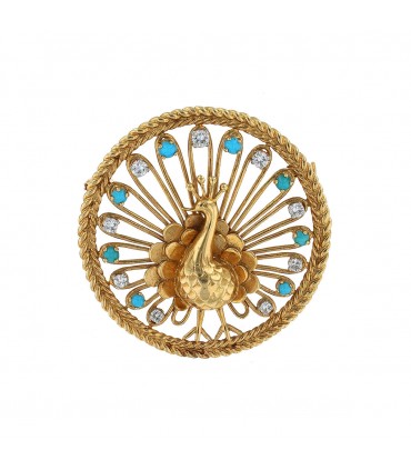 Gold, diamonds and turquoises brooch