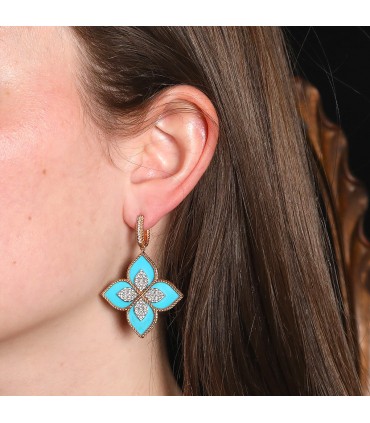 Roberto Coin Princess Flower turquoise, diamonds and gold earrings