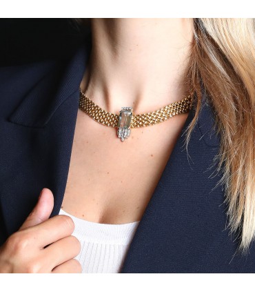 Collier or, diamants et aigue-marine