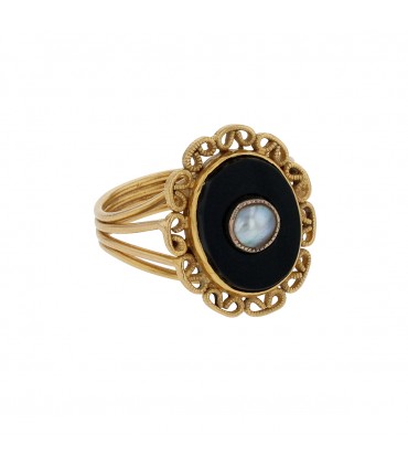 Bague or, perle, onyx